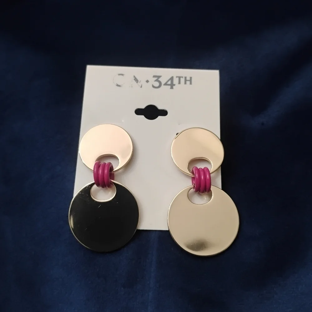 Art Deco Style Drop Earrings with Gold-Tone Disc & Fuchsia Rings by ON 34th NWT